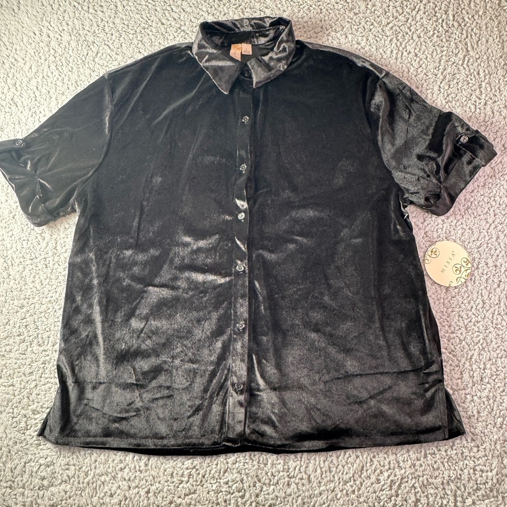 Misia Black Velvet Top Short Sleeve Button Up Poly/Spandex‎ Blend Size L NWT